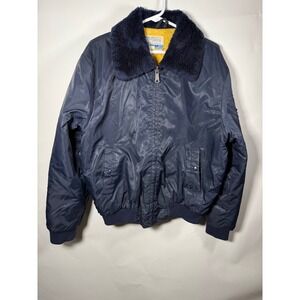 Vintage Sears Work Leisure Mens Navy Bomber Jacket Faux Fur Collar Winter Size L